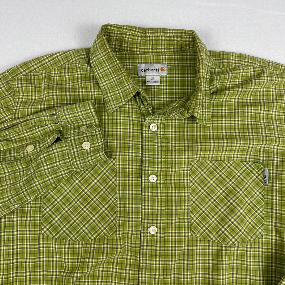 Carhartt Mens XL Green Plaid Long Sleeve Button Up Work Shirt S247 CTS Cotton
